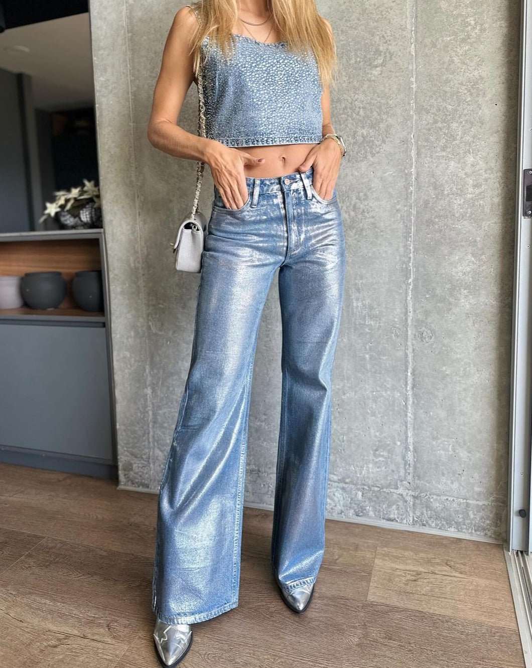 Brush Silver Metal Baggy Jeans - ShanovaShanova