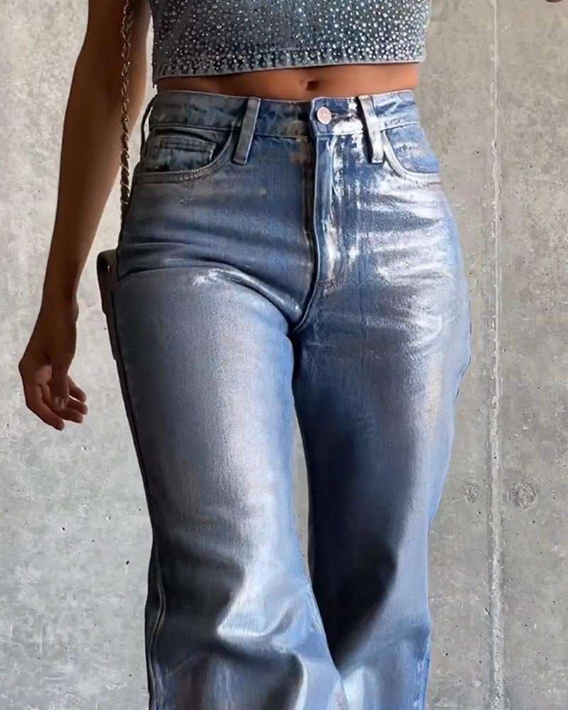 Brush Silver Metal Baggy Jeans - ShanovaShanova