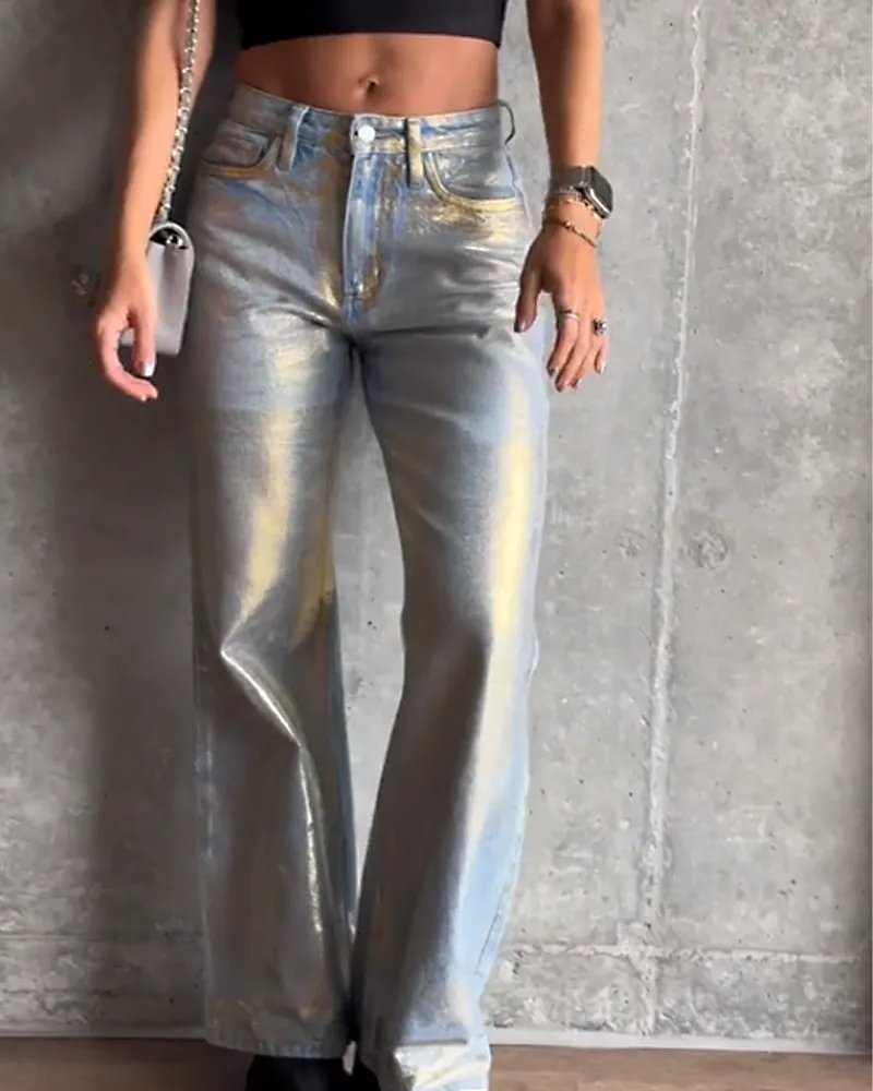 Brush Silver Metal Baggy Jeans - ShanovaShanova