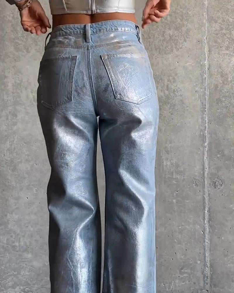 Brush Silver Metal Baggy Jeans - ShanovaShanova