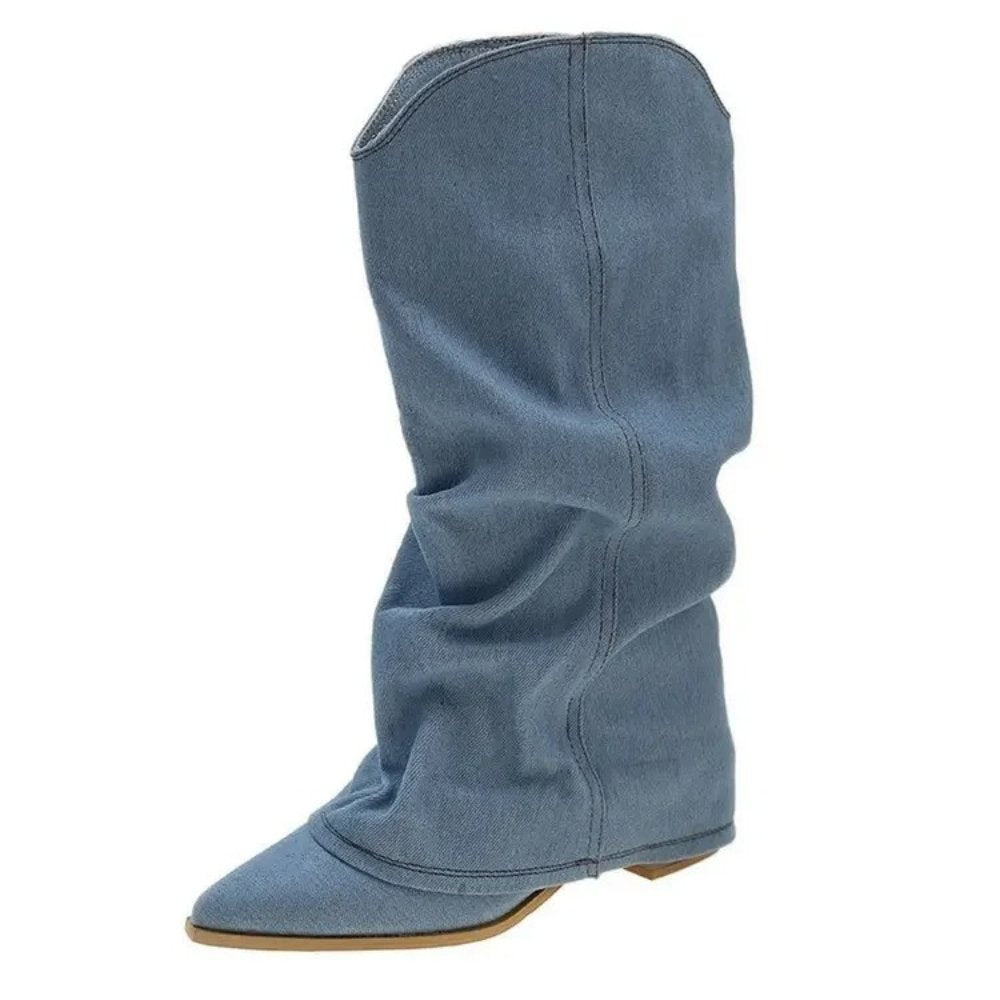 Elize - Denim Cowboy Laarzen - Slouchy Design - Franje Accent - Dames - ShanovaShanova