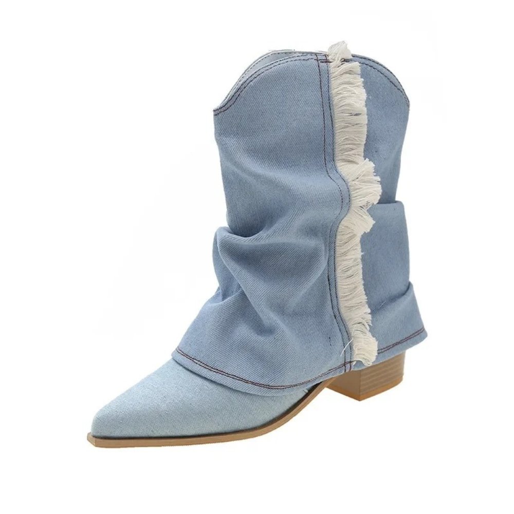 Elize - Denim Cowboy Laarzen - Slouchy Design - Franje Accent - Dames - ShanovaShanova