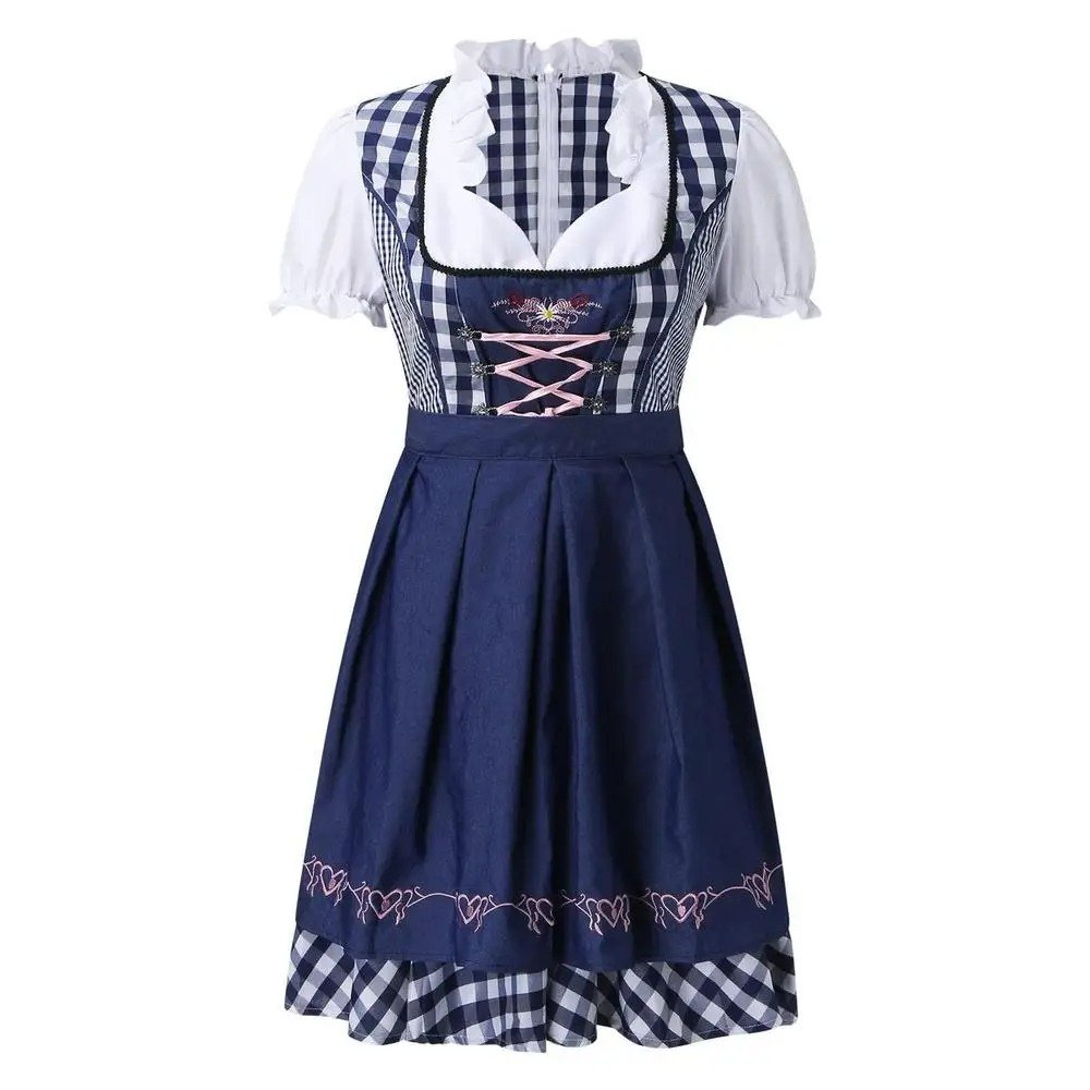 Lena - Traditionele Oktoberfest Dirndl - Blauw Rood Ruit - Borduursel - A - lijn - ShanovaShanova