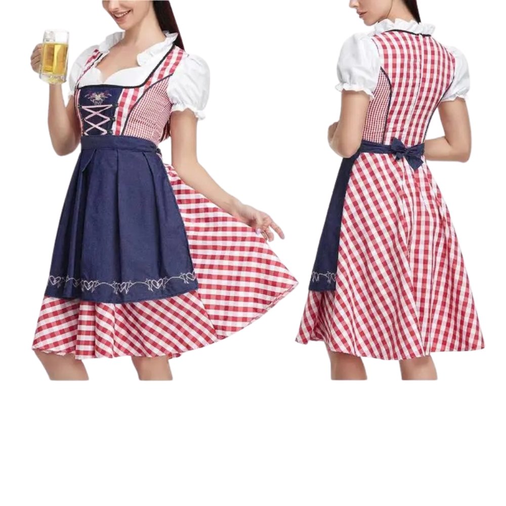 Lena - Traditionele Oktoberfest Dirndl - Blauw Rood Ruit - Borduursel - A - lijn - ShanovaShanova