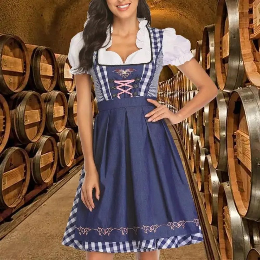 Lena - Traditionele Oktoberfest Dirndl - Blauw Rood Ruit - Borduursel - A - lijn - ShanovaShanova