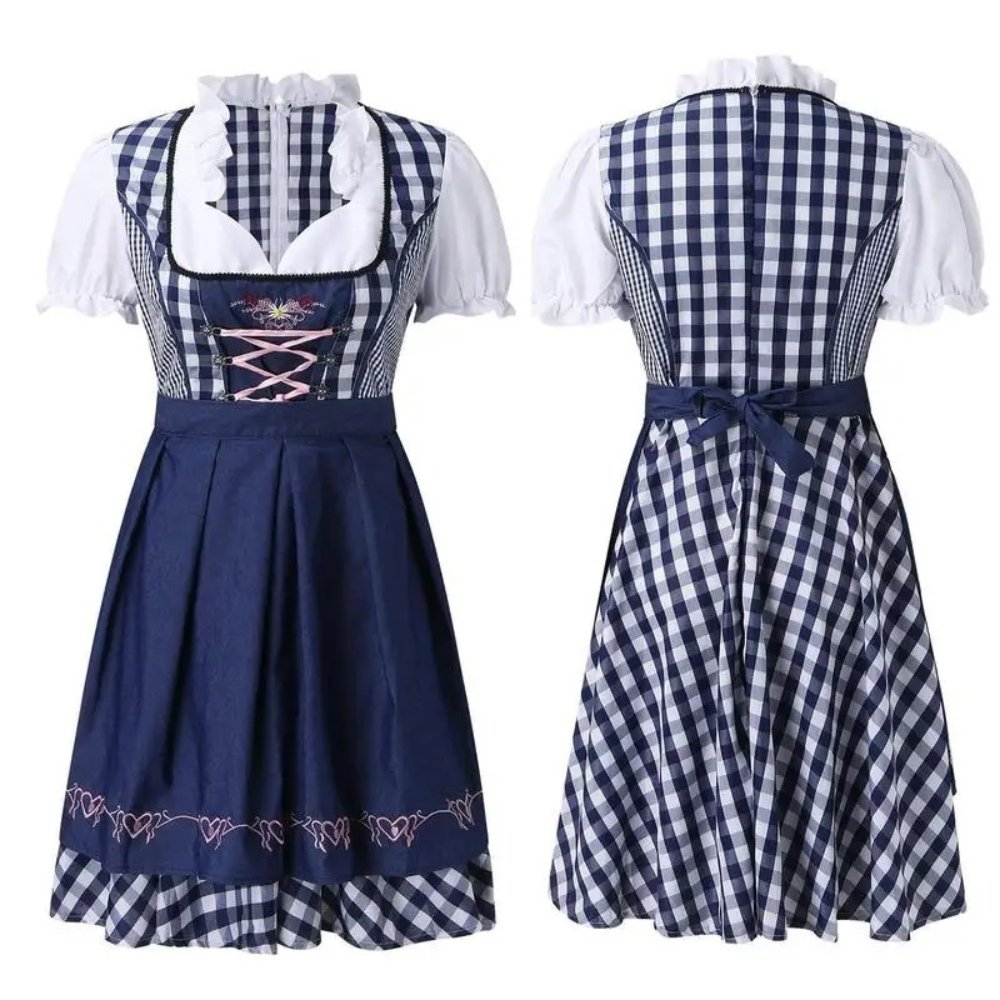 Lena - Traditionele Oktoberfest Dirndl - Blauw Rood Ruit - Borduursel - A - lijn - ShanovaShanova