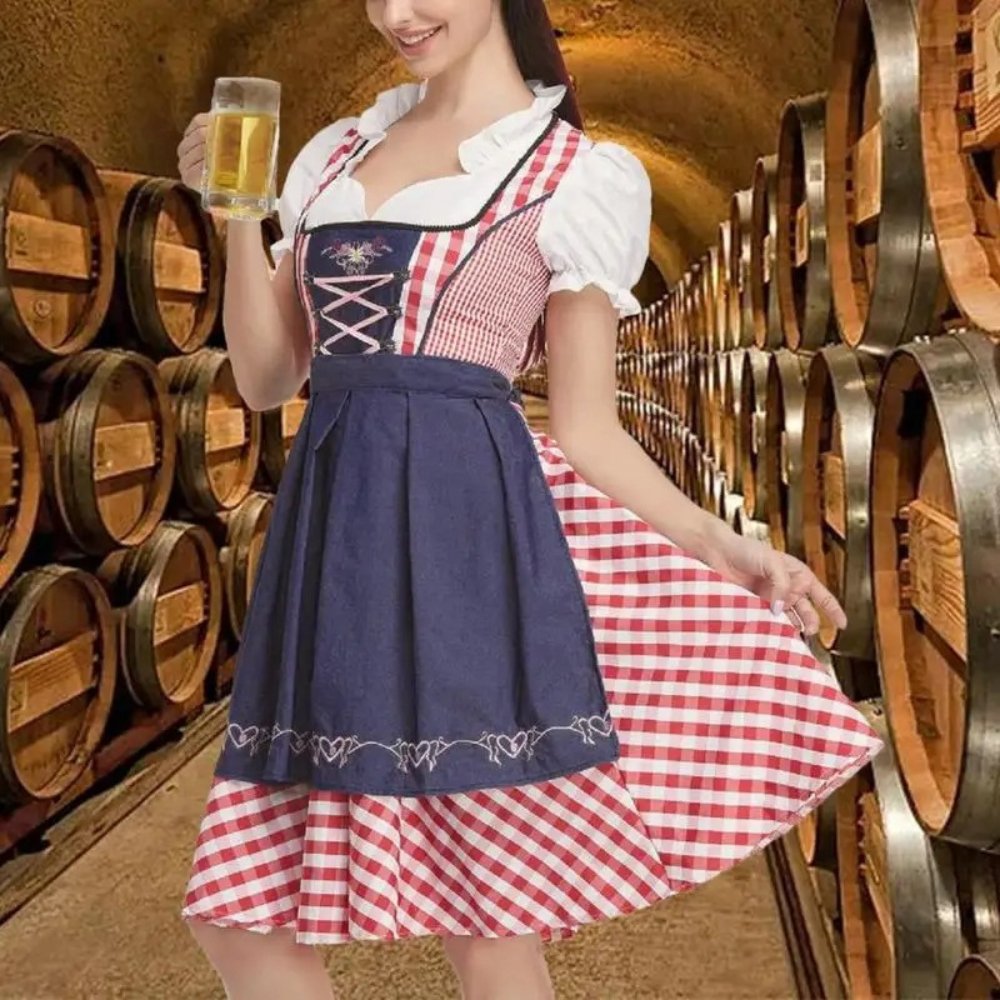 Lena - Traditionele Oktoberfest Dirndl - Blauw Rood Ruit - Borduursel - A - lijn - ShanovaShanova