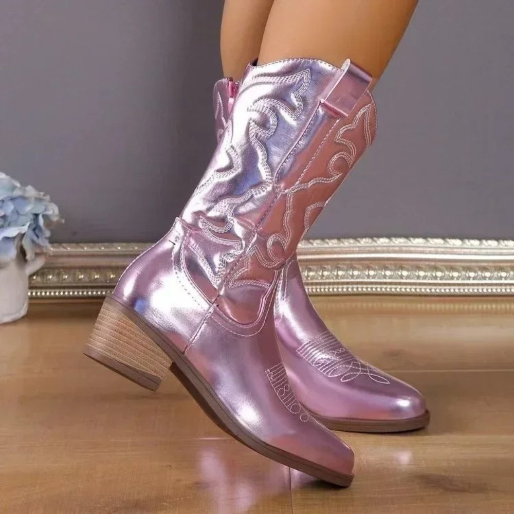 Merelina - Metallic Cowboylaarzen Dames - Lage Blokhak - Borduursel - ShanovaShanova