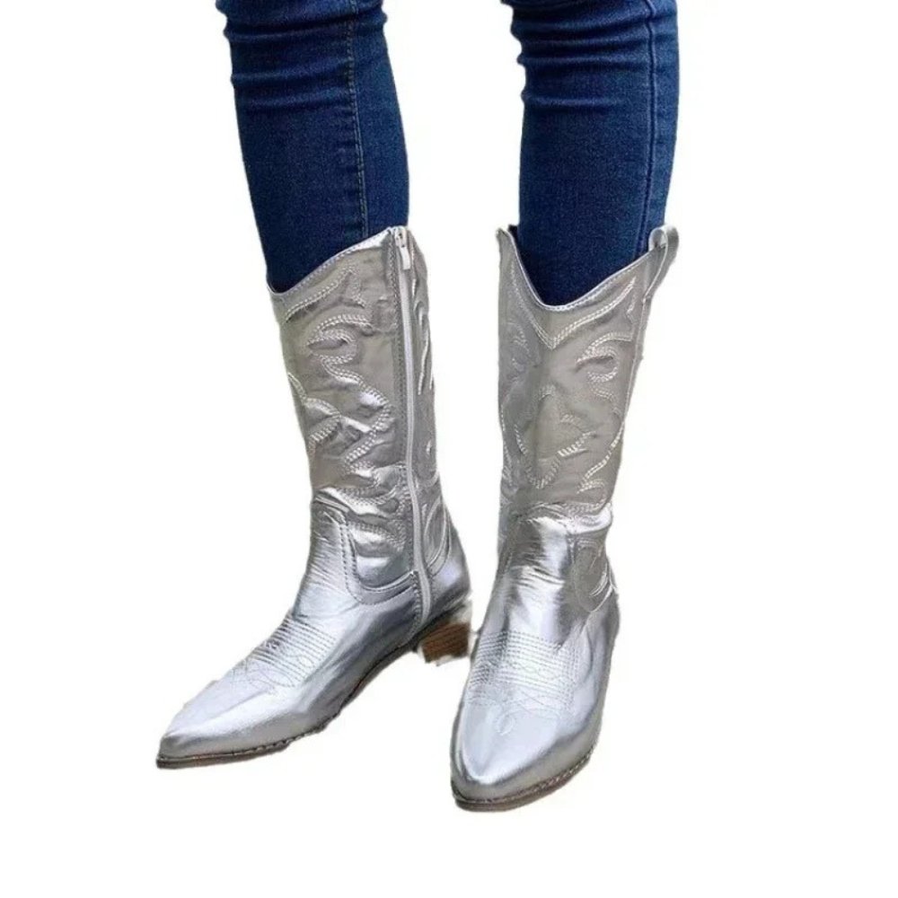 Merelina - Metallic Cowboylaarzen Dames - Lage Blokhak - Borduursel - ShanovaShanova