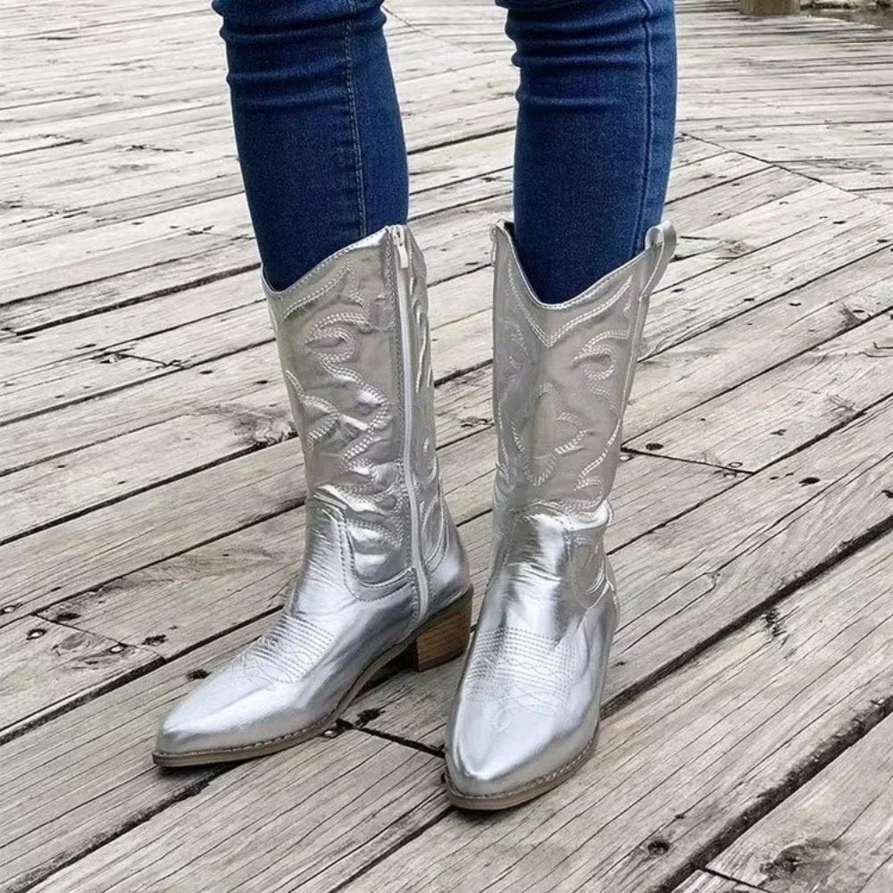 Merelina - Metallic Cowboylaarzen Dames - Lage Blokhak - Borduursel - ShanovaShanova