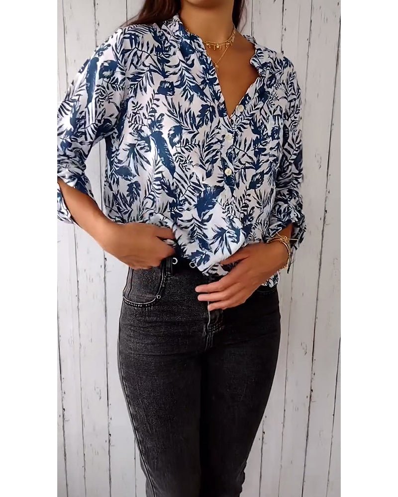 Teun | Casual Blouse met Bladprint en 3/4 Mouwen - ShanovaShanova